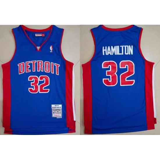 Men Detroit Pistons Richard Hamilton #32 Blue Hardwood Classic Mitchell Ness Jersey